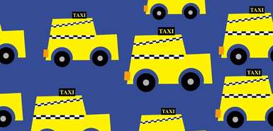 gelbe gezeichnete Taxis auf blauem Hintergrund