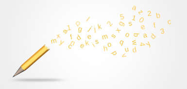 Gelber Bleistift mit Buchstaben und Zahlen