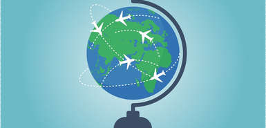 Gezeichneter Globus mit kleinen weißen Flugzeugen die um den Globus fliegen