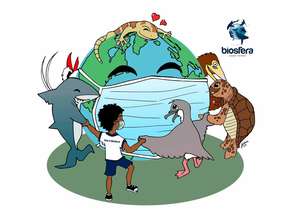 Tiere und ein Kapverdier tanzen um die Welt, die einen Mundschutz trägt