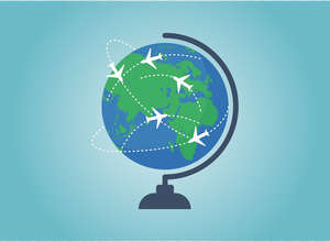 Gezeichneter Globus mit kleinen weißen Flugzeugen die um den Globus fliegen